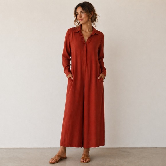 Free People Pants - Free People Jumpsuit Womens XS Rust Orange Boho Wide Leg Linen Blend Long Sleeve